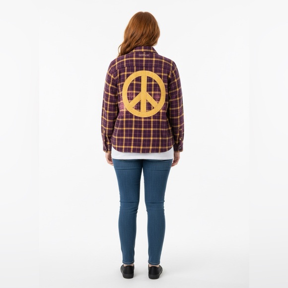 Peace Sign Boho Hippie Purple Yellow Festival Flannel Casual Womens M Upcycled - Picture 13 of 13